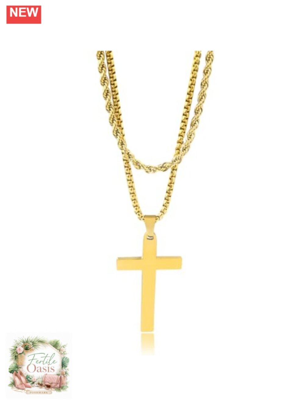 2-Piece Gold Layered Cross Necklace Set Stainless Steel Gold Plated Women Men